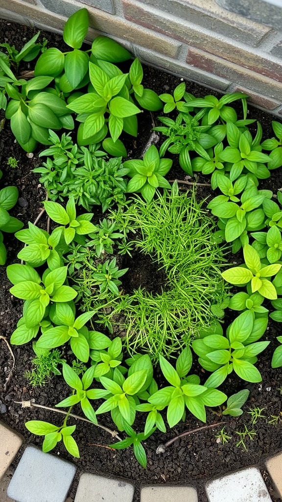 A lush herb spiral garden with various green herbs arranged in a circular pattern.