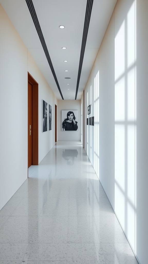 A modern hallway featuring high-gloss lacquer finishes with bright lighting and artwork on the walls.