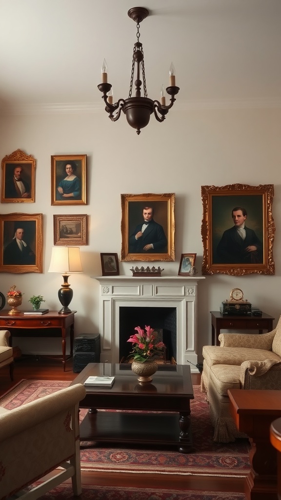 A colonial living room featuring historical portraits on the walls, a chandelier, and cozy furnishings.