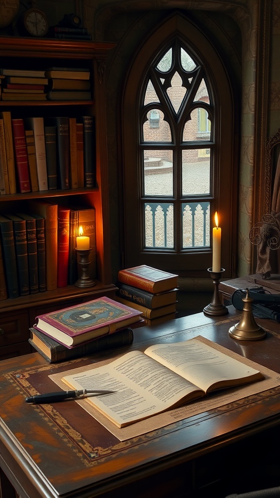 A cozy study nook inspired by Hogwarts with a wooden desk, open book, candles, and a window view.