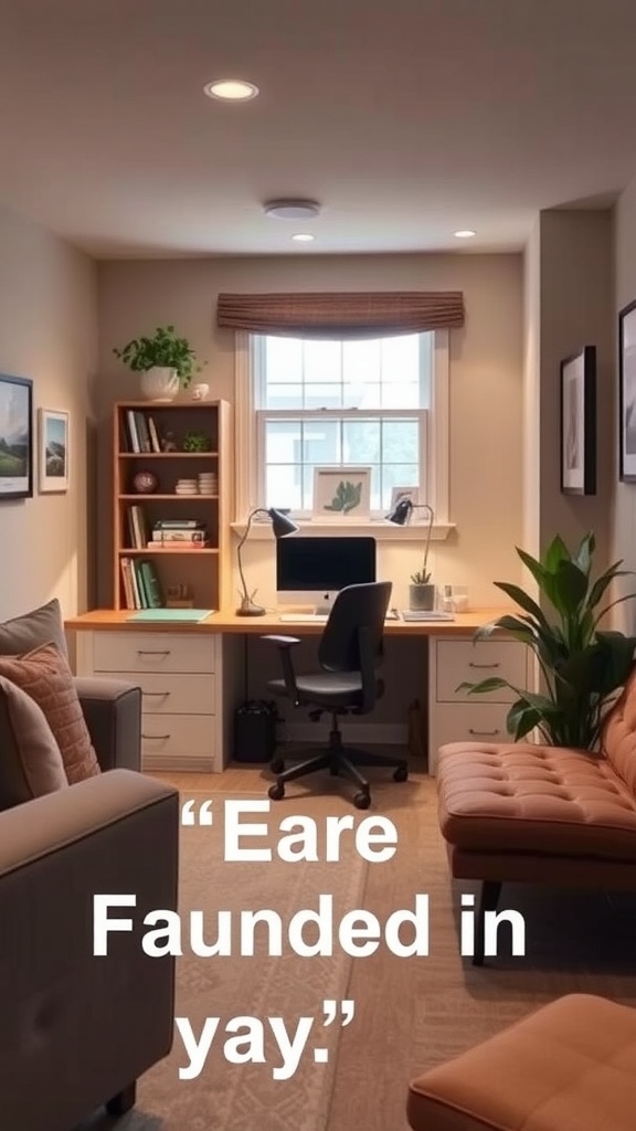 Cozy basement home office corner with desk, chair, plants, and warm lighting