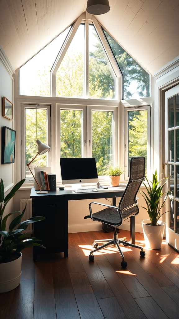 Home office in a sunroom with large windows, plants, and a sleek desk