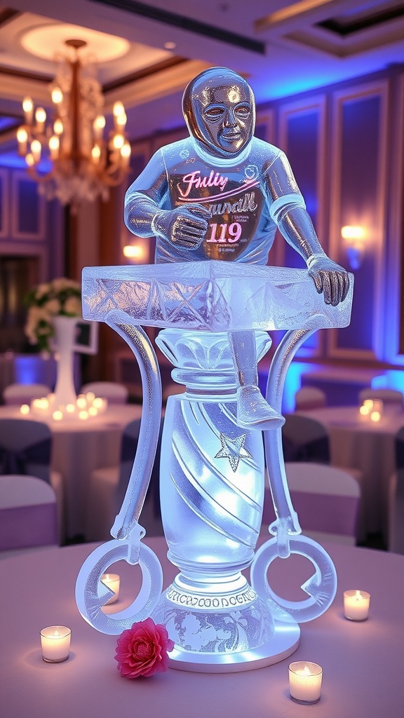 A detailed ice sculpture in a wedding setting, featuring soft blue lighting and candles.