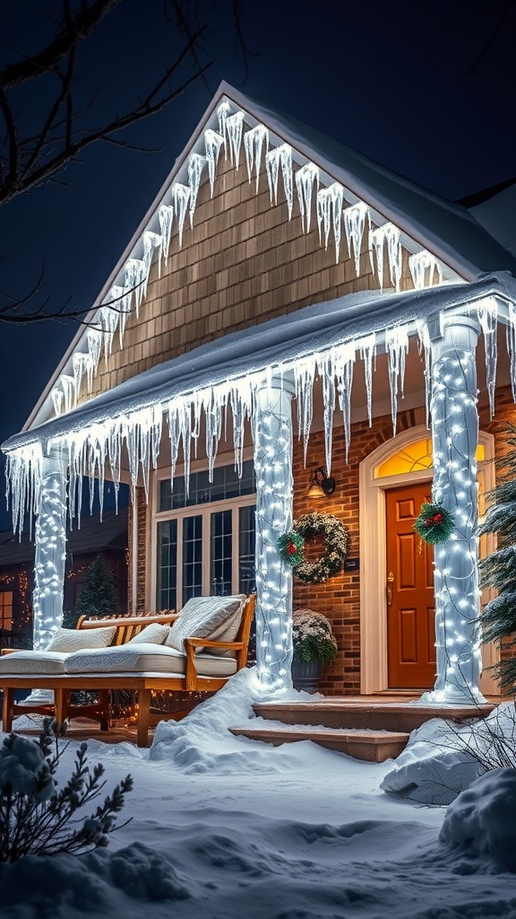 A cozy porch decorated with icicle LED lights, surrounded by snow and winter greenery.