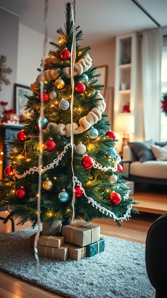 A beautifully decorated Christmas tree with icicle lights and colorful ornaments.