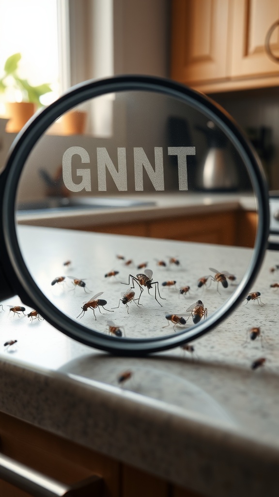 Close-up view of gnats on a kitchen countertop, seen through a magnifying glass.