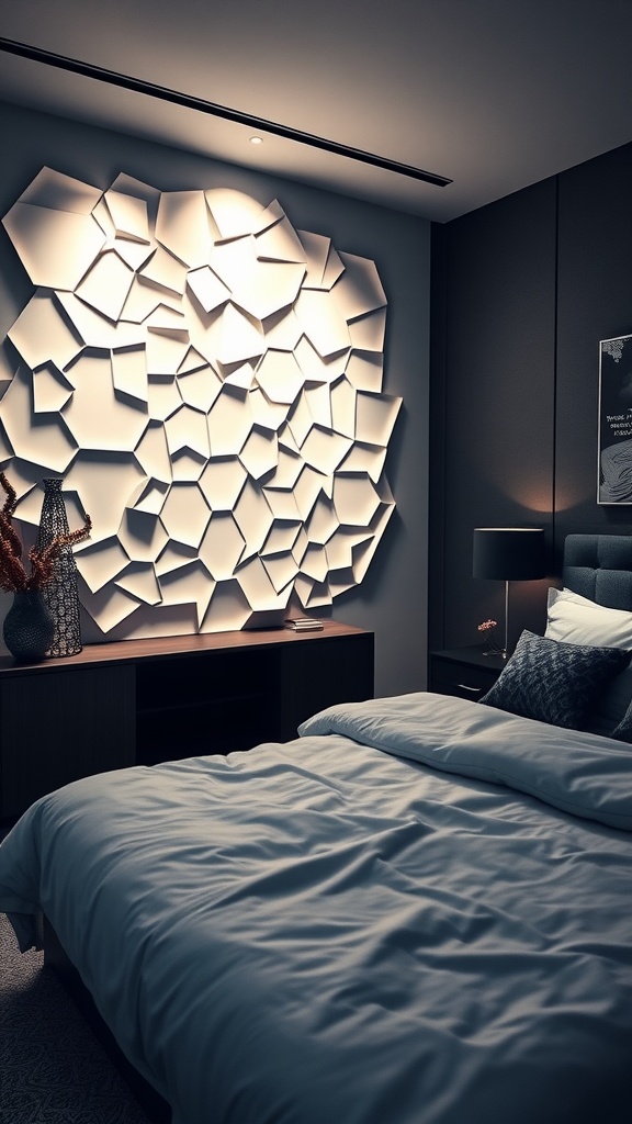 A bedroom featuring illuminated geometric wall panels, creating a warm and inviting atmosphere.