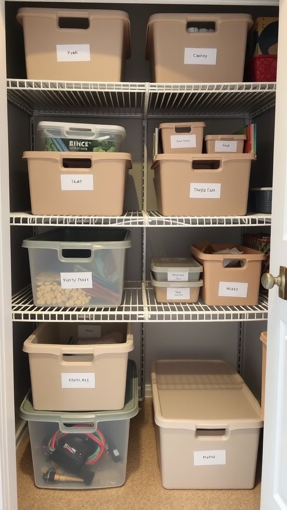 A well-organized closet with labeled storage bins.