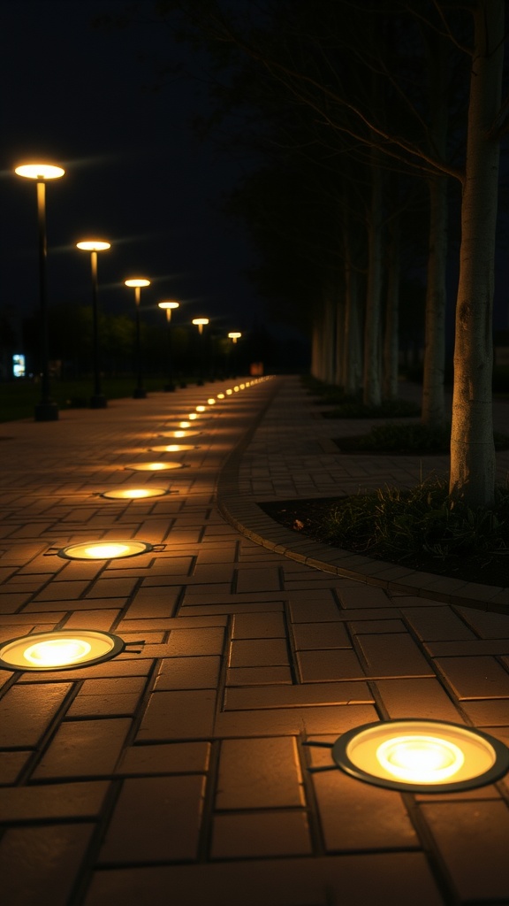 In-ground LED light fixtures illuminating a paver walkway at night