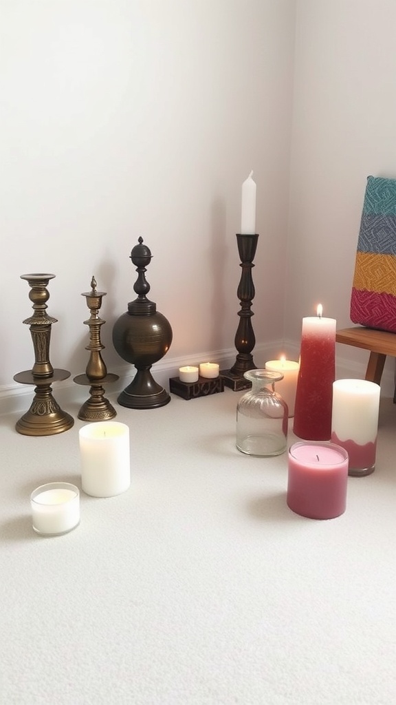 A collection of candles and incense holders arranged on a light-colored surface, showcasing different heights and styles.