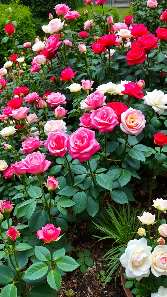 A vibrant rose garden featuring pink and white roses in full bloom.