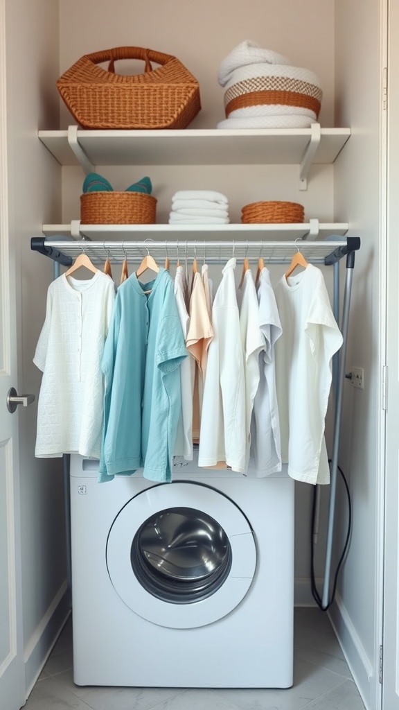 Laundry room with a drying rack full of hanging shirts above a washing machine, organized shelves with baskets and towels.