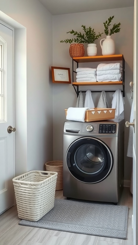 A small laundry room featuring a washing machine, a folding station with stacked towels, a plant, and decorative baskets.