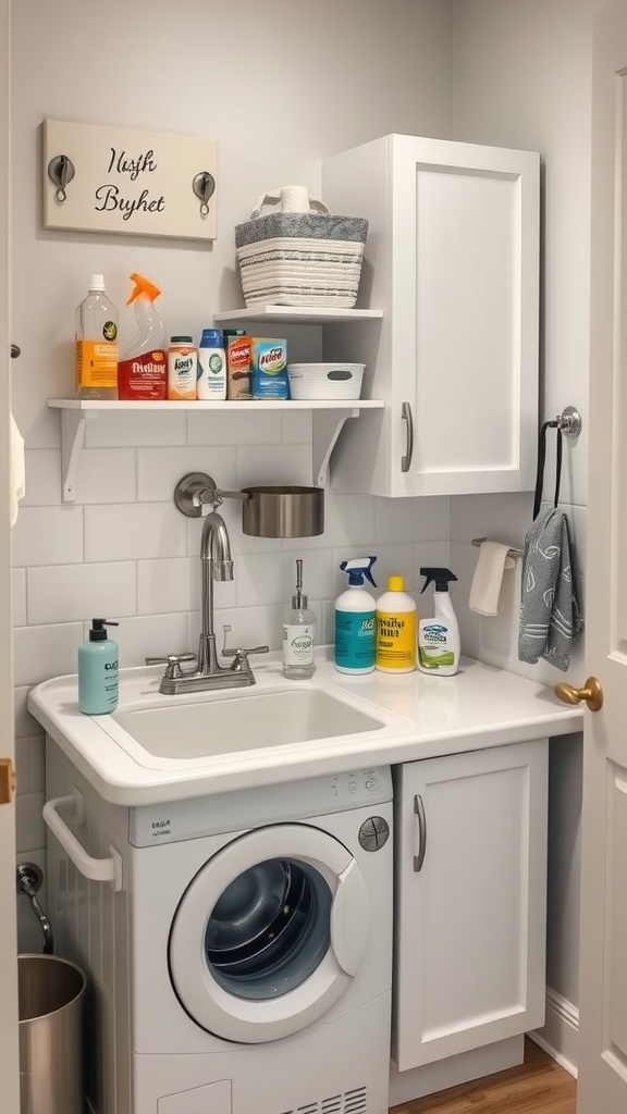 A small laundry room with a utility sink and organized shelves.