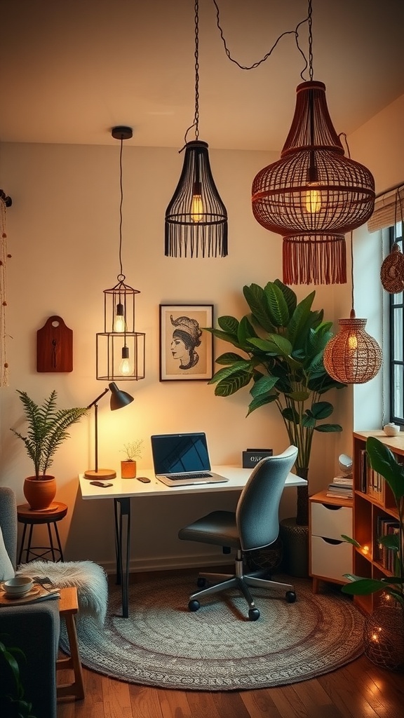 A cozy bohemian home office with various light fixtures, plants, and a modern desk setup