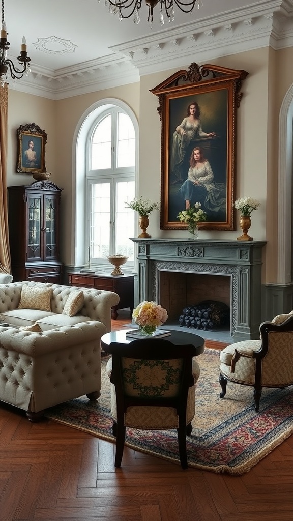 A classic formal living room featuring tufted sofa, ornate wooden furniture, and elegant artwork.