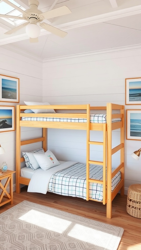 Coastal themed bunk bed room with artwork and warm decor