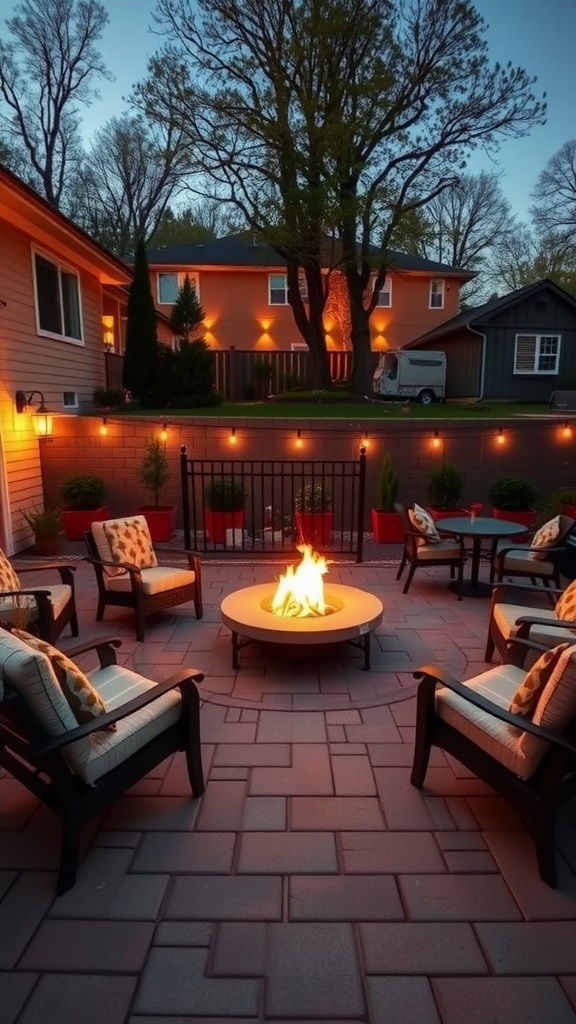 A cozy paver patio with a fire pit surrounded by chairs and soft lighting.