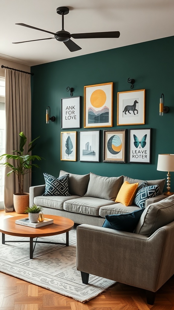 A cozy living room with a forest green accent wall, decorated with framed artwork, a gray sofa, and a wooden coffee table.