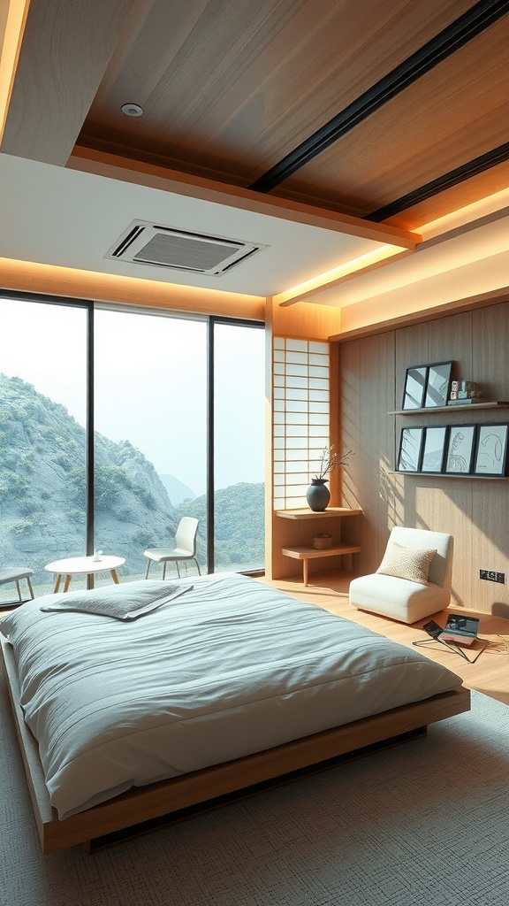 A modern Japanese bedroom with large windows showcasing a mountain view, featuring a wooden bed, sleek furniture, and soft lighting.