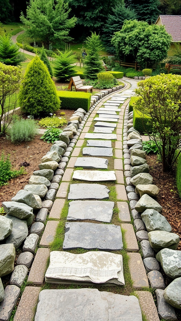 A winding garden pathway made of stones and bordered by greenery.