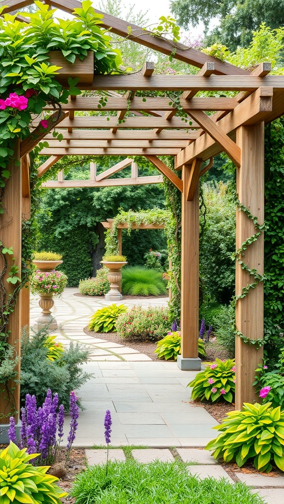 An elegant garden path framed by wooden structures and vibrant plants.