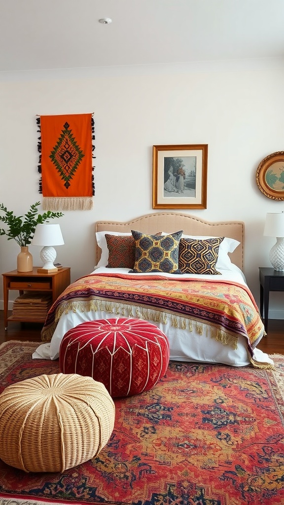 Eclectic bedroom featuring global textiles with a colorful bedspread, patterned pillows, wall art, and decorative poufs