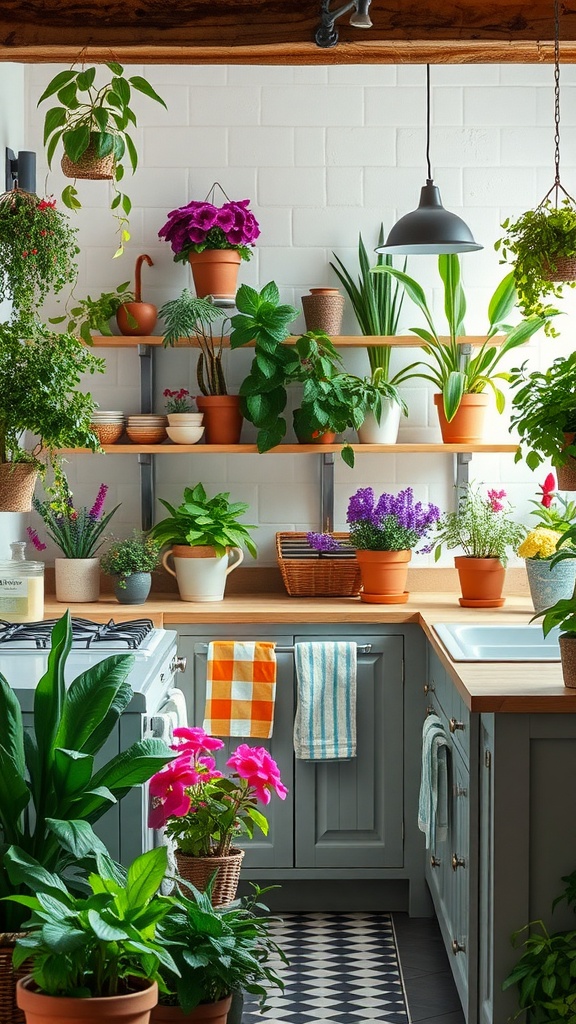 A vibrant kitchen filled with various plants and flowers on shelves and countertops.