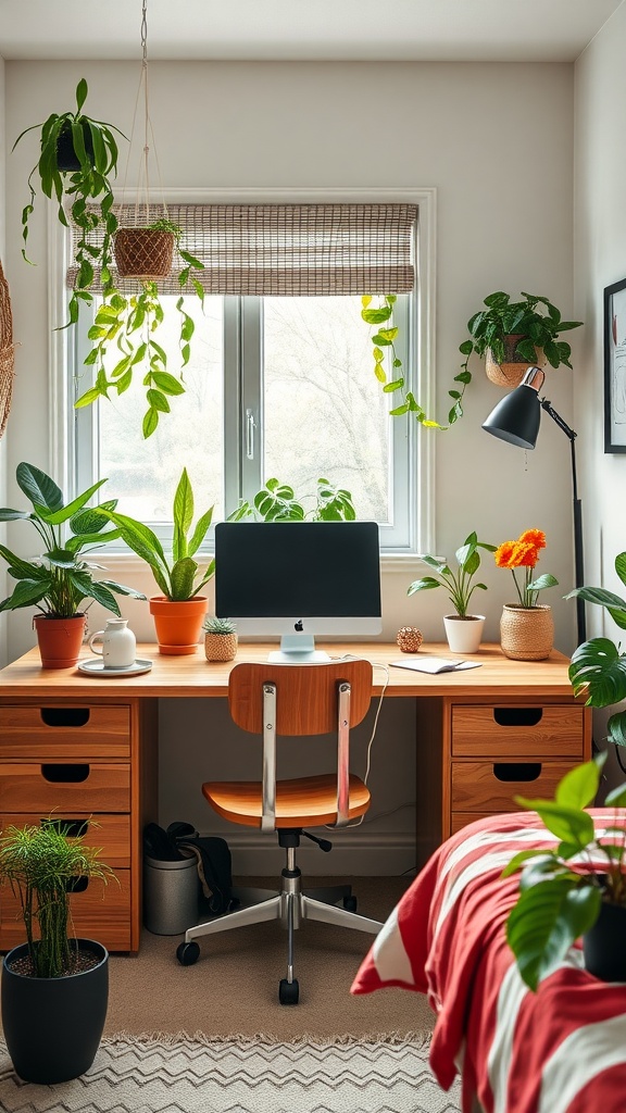 A cozy office bedroom with a wooden desk, computer, and various plants, creating a refreshing work environment.
