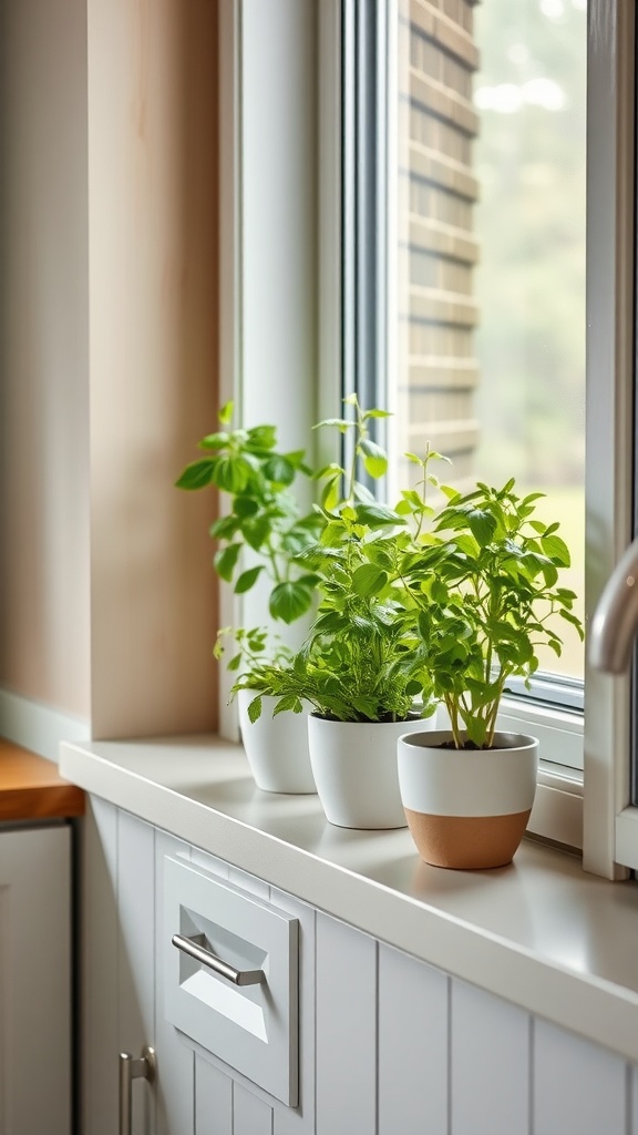 Fresh herbs in pots on a kitchen windowsill