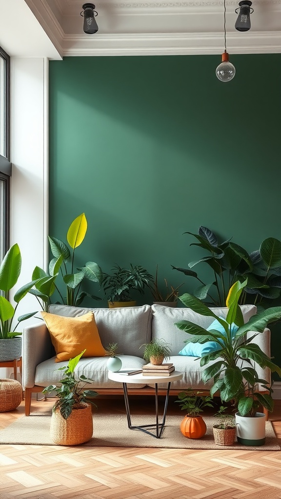 Cozy living room with a forest green wall and various indoor plants surrounding a light sofa