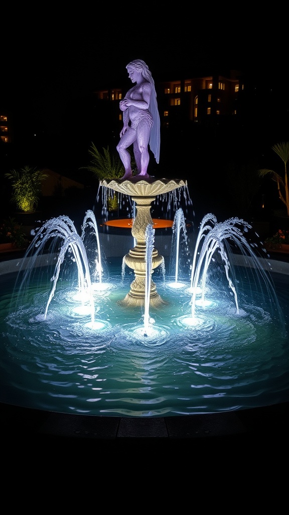 A garden fountain illuminated with LED lights at night, featuring a statue at the top and water jets.