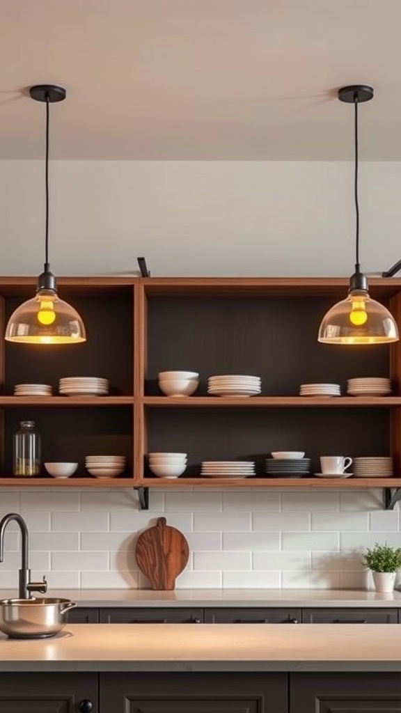 An open shelving kitchen with pendant lights highlighting the displayed dishes.