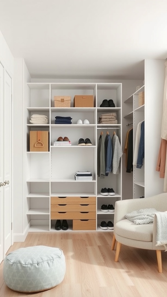 A modern closet design featuring modular shelves, cozy chair, and organized storage.