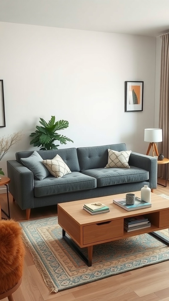 A cozy college living room featuring a stylish gray sofa with cushions, a wooden coffee table with storage, and a decorative plant.