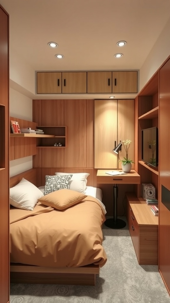 A small bedroom featuring multi-functional furniture with a cozy bed, workspace, and storage solutions.