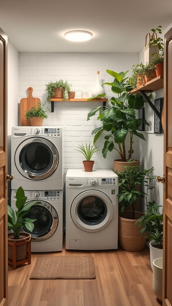 A cozy basement laundry room with potted plants and wooden shelves