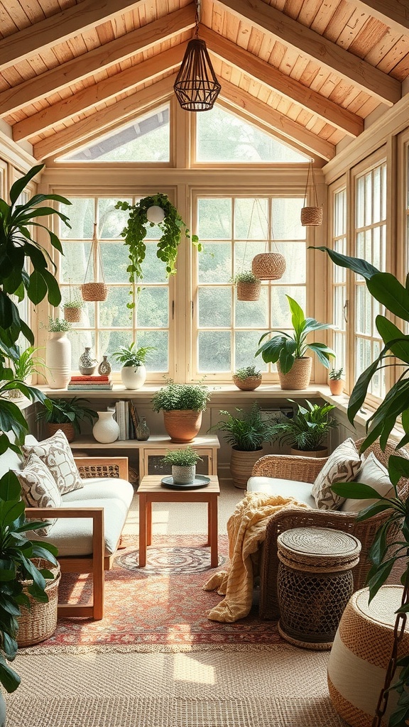 A cozy sunroom with wooden beams, large windows, and various plants, showcasing a boho style.