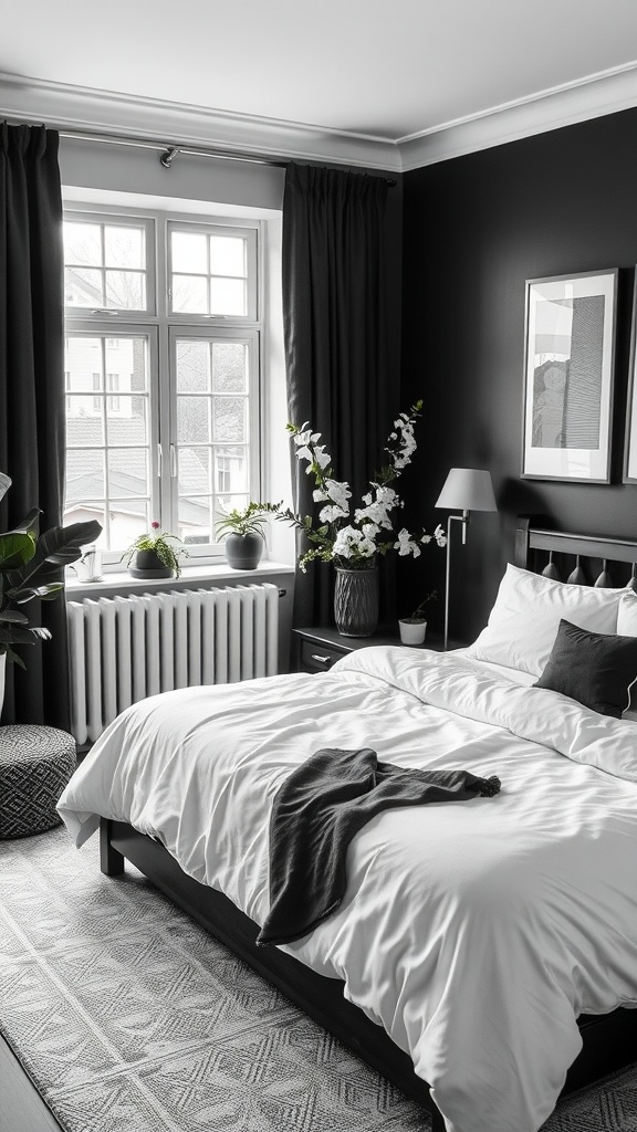 A black and white bedroom featuring plants, dark walls, and light bedding