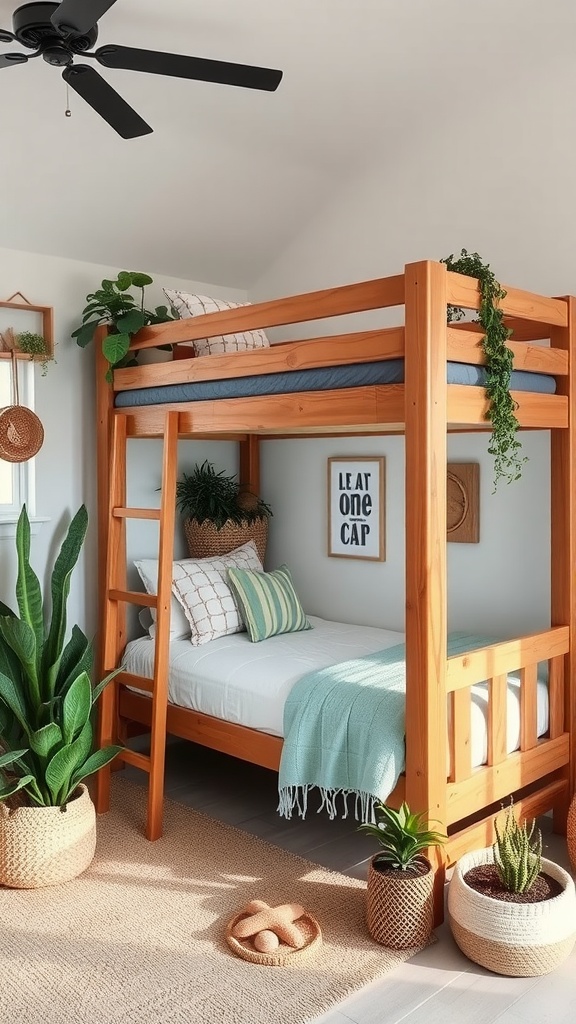 Cozy coastal bedroom with a wooden bunk bed, plants, and natural decor.