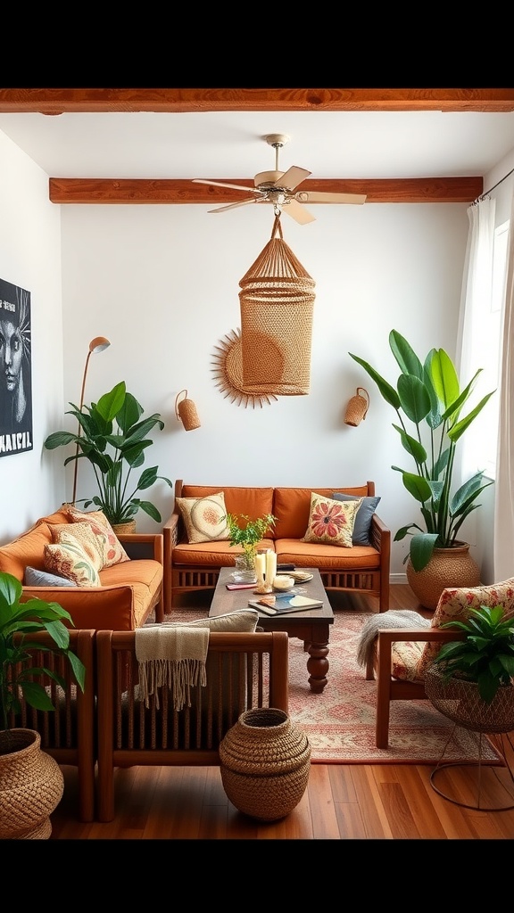 A cozy boho living room featuring plants, wood furniture, and woven decor.