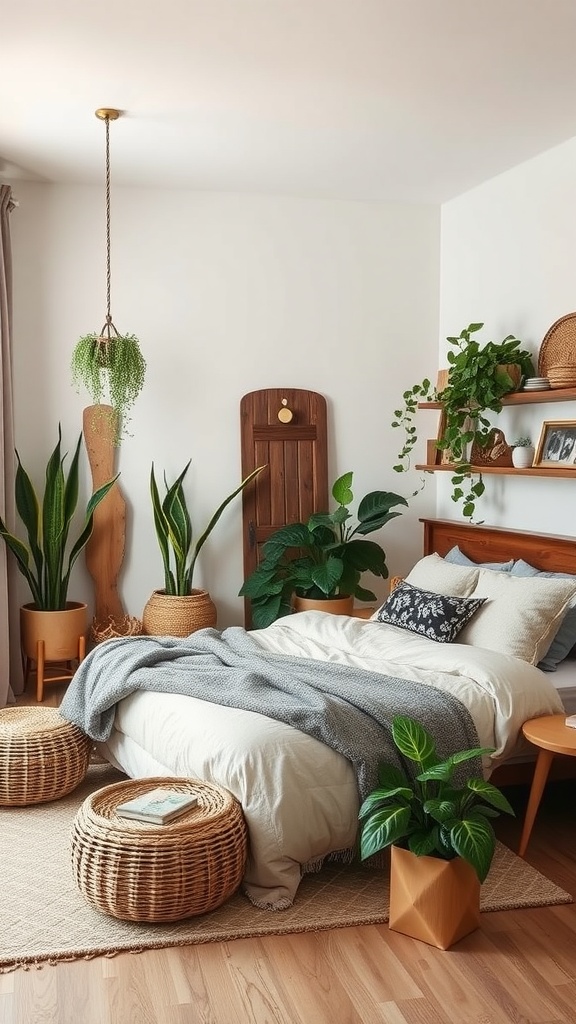 A cozy bedroom with plants, wooden accents, and neutral decor.