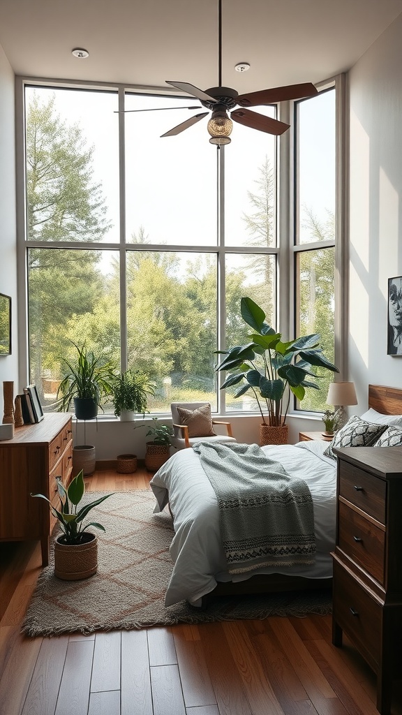 A master bedroom featuring large windows, plants, and wooden furniture