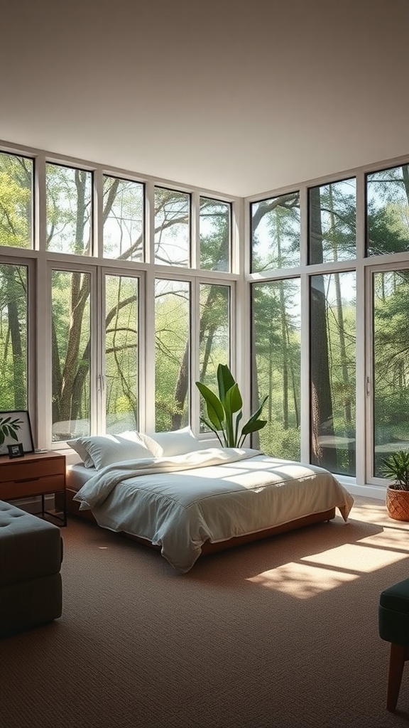 A bright bedroom with large windows showcasing a forest view, featuring a bed, plant, and soft natural light.