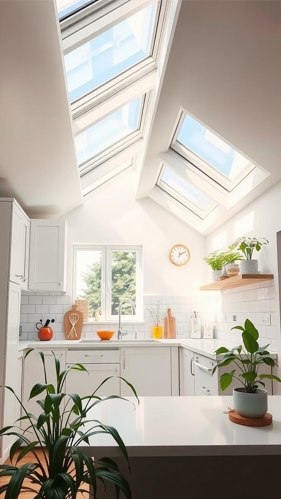 A modern kitchen featuring skylights, plants, and bright decor