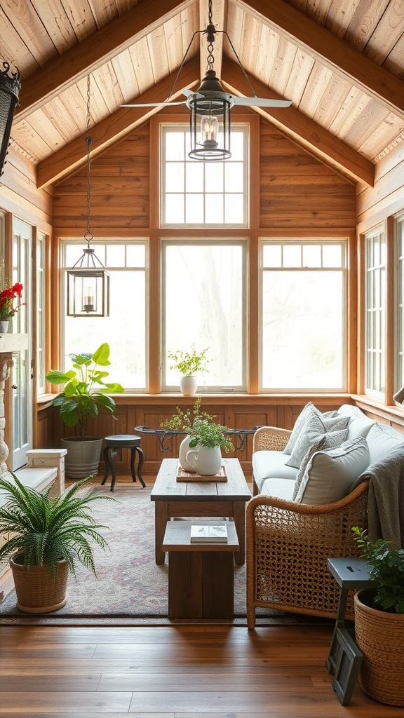 A cozy farmhouse sunroom featuring wooden walls, rattan furniture, and potted plants