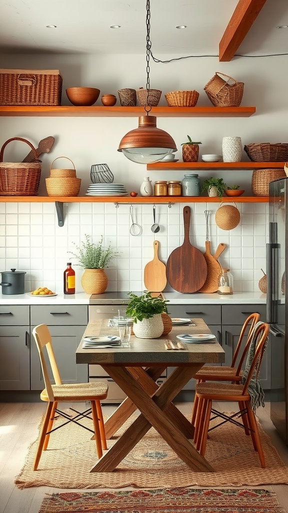 A cozy boho kitchen featuring natural textures with wooden elements, woven baskets, and plants.