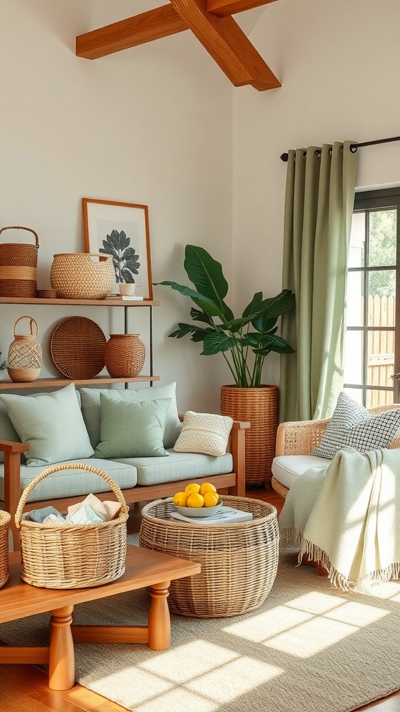 A sage green living room featuring soft cushions, wooden furniture, and natural textures.