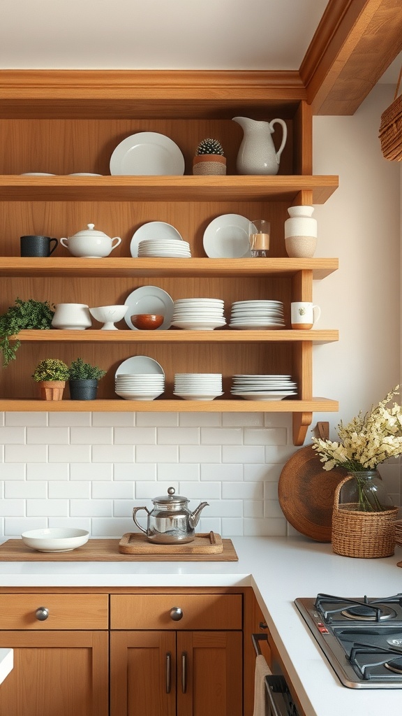 A cozy kitchen with open shelving made of natural wood, displaying white dishes and small plants.