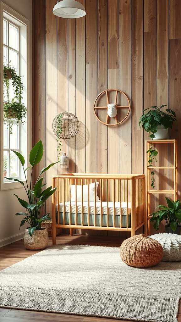 A cozy nursery with wooden walls, a wooden crib, plants, and soft textures.